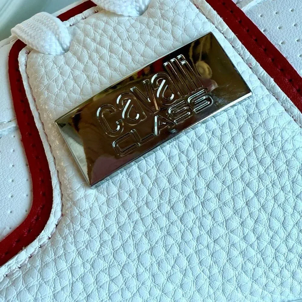 NWT Roberto Cavalli metal logo low top men sneaker in white with red accent Size